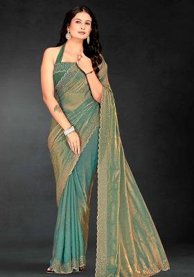 Ice Blue Embroidered Silk Saree Set