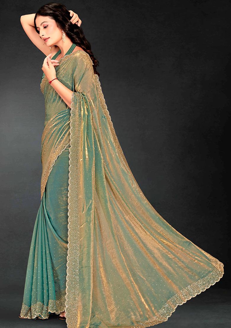 Ice Blue Embroidered Silk Saree Set - Indya