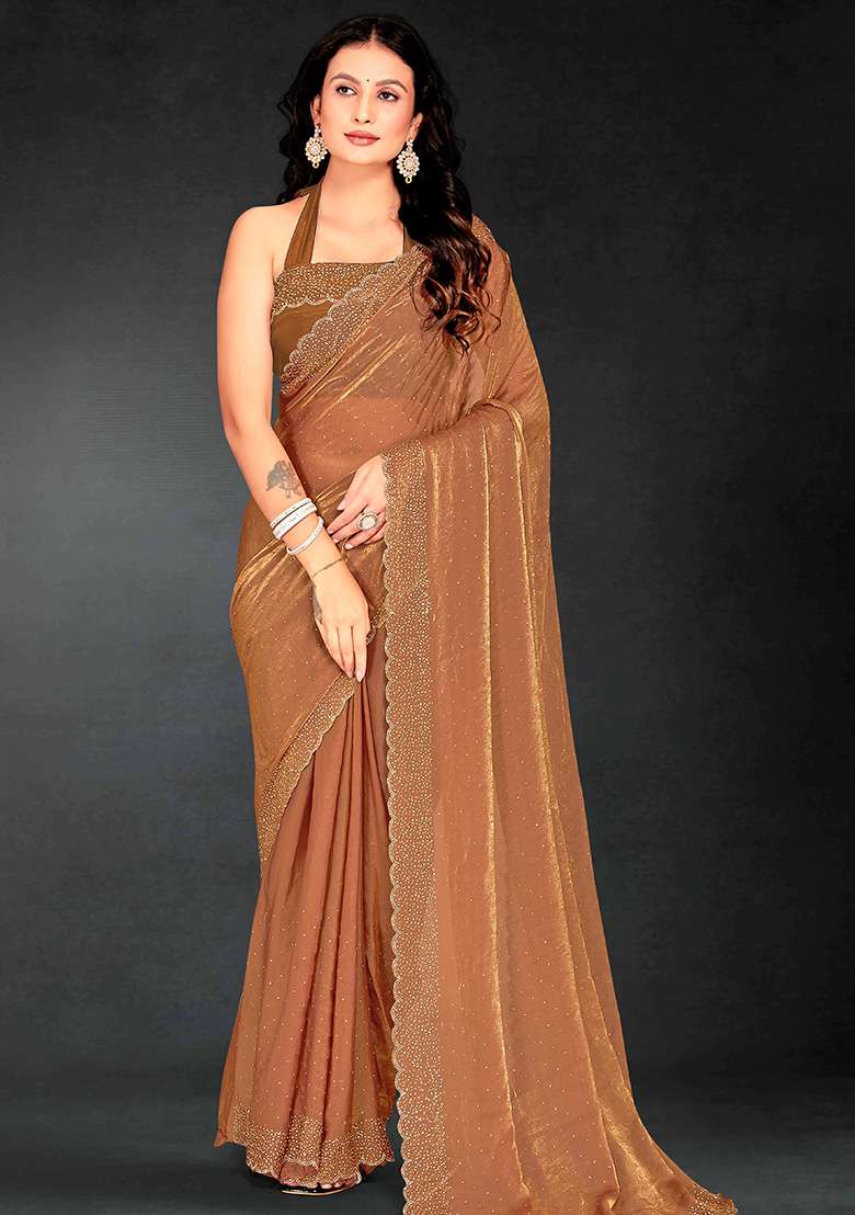 Gold Embroidered Silk Blend Saree Set for Diwali and Festive Wear - Indya