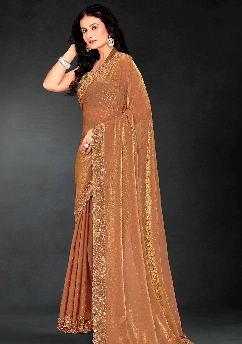 Gold Embroidered Silk Saree Set - Indya