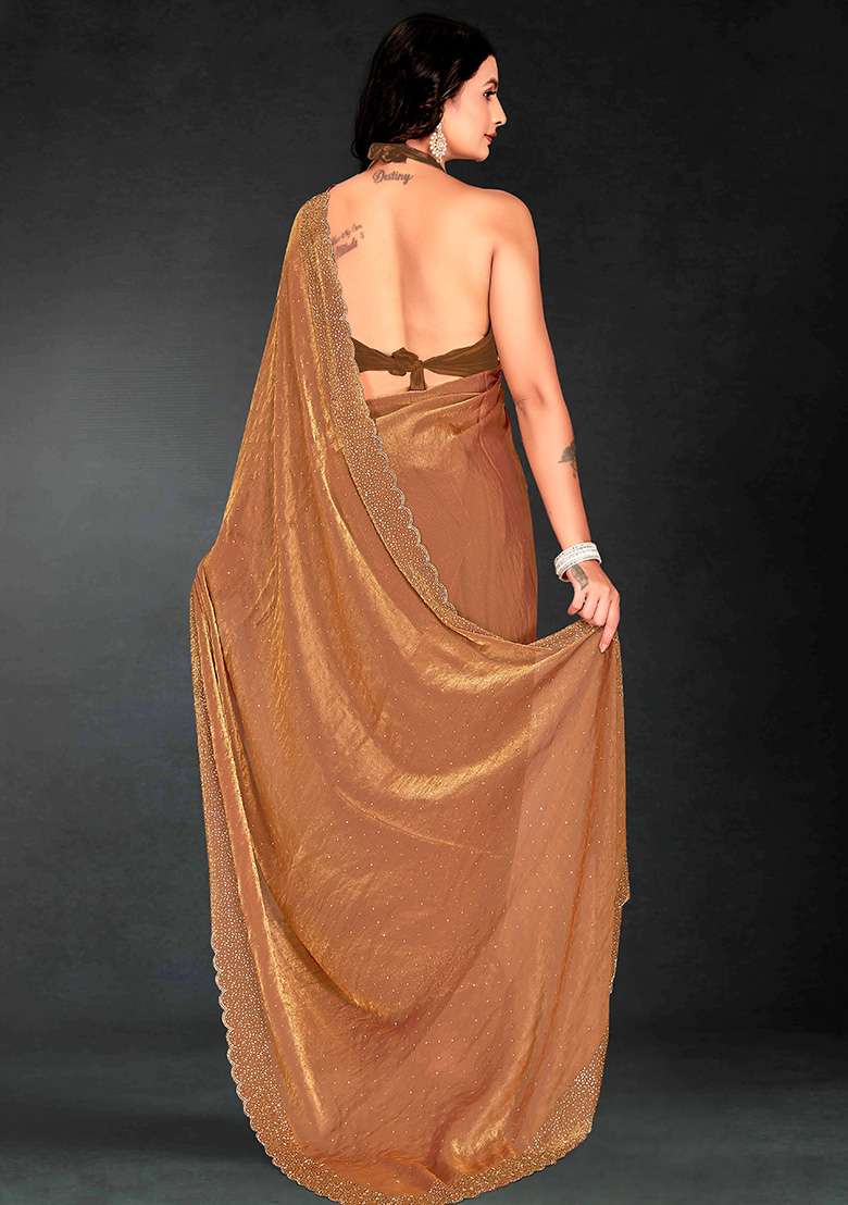 Gold Embroidered Silk Blend Saree Set for Diwali and Festive Wear - Indya