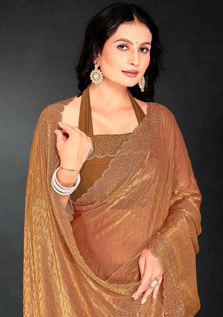 Gold Embroidered Silk Saree Set - Indya