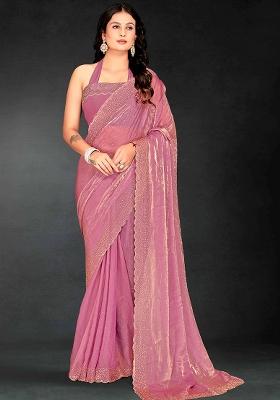 Pink Embroidered Silk Saree Set