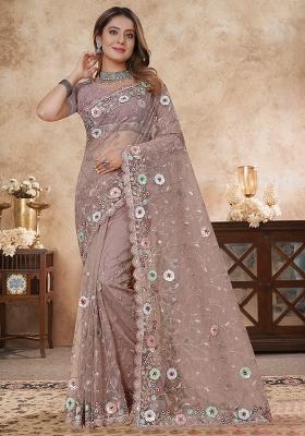 Dusty Mouse Embroidered Soft Net Saree Set