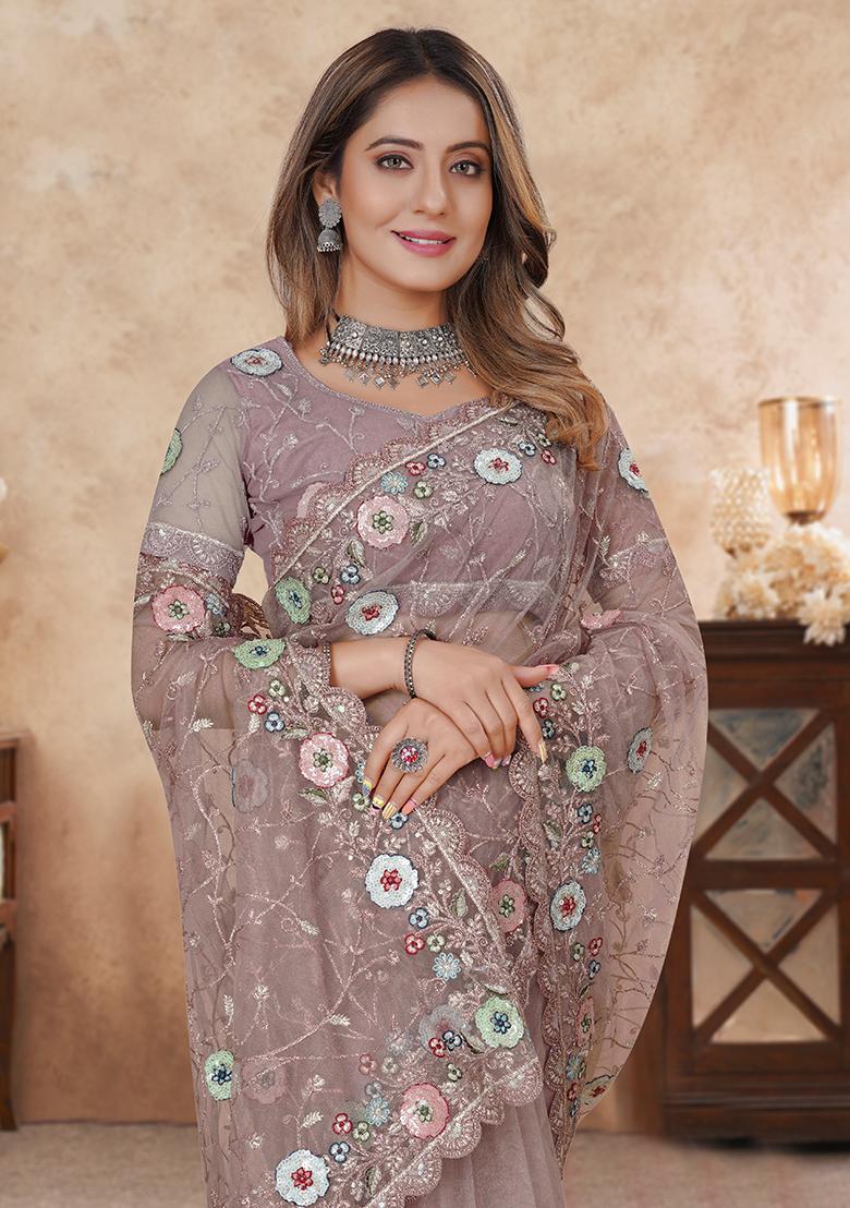 Dusty Mouse Embroidered Soft Net Saree Set - Indya