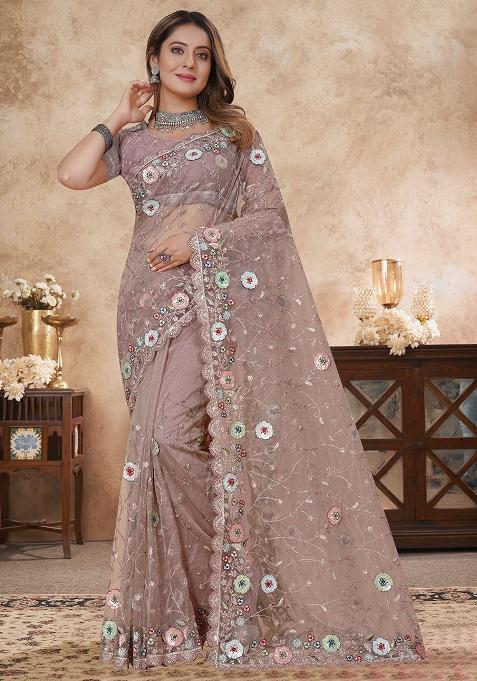 Dusty Mouse Embroidered Soft Net Saree Set