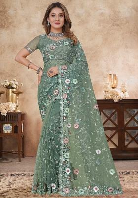 Green Embroidered Soft Net Saree Set