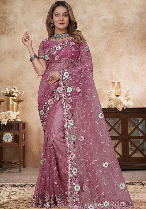 Dusty Gajari Embroidered Soft Net Saree Set