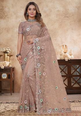 Dusty Peach Embroidered Soft Net Saree Set