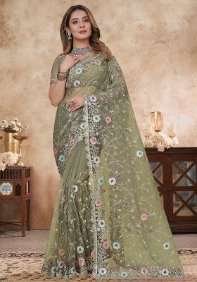 Dusty Pista Embroidered Soft Net Saree Set