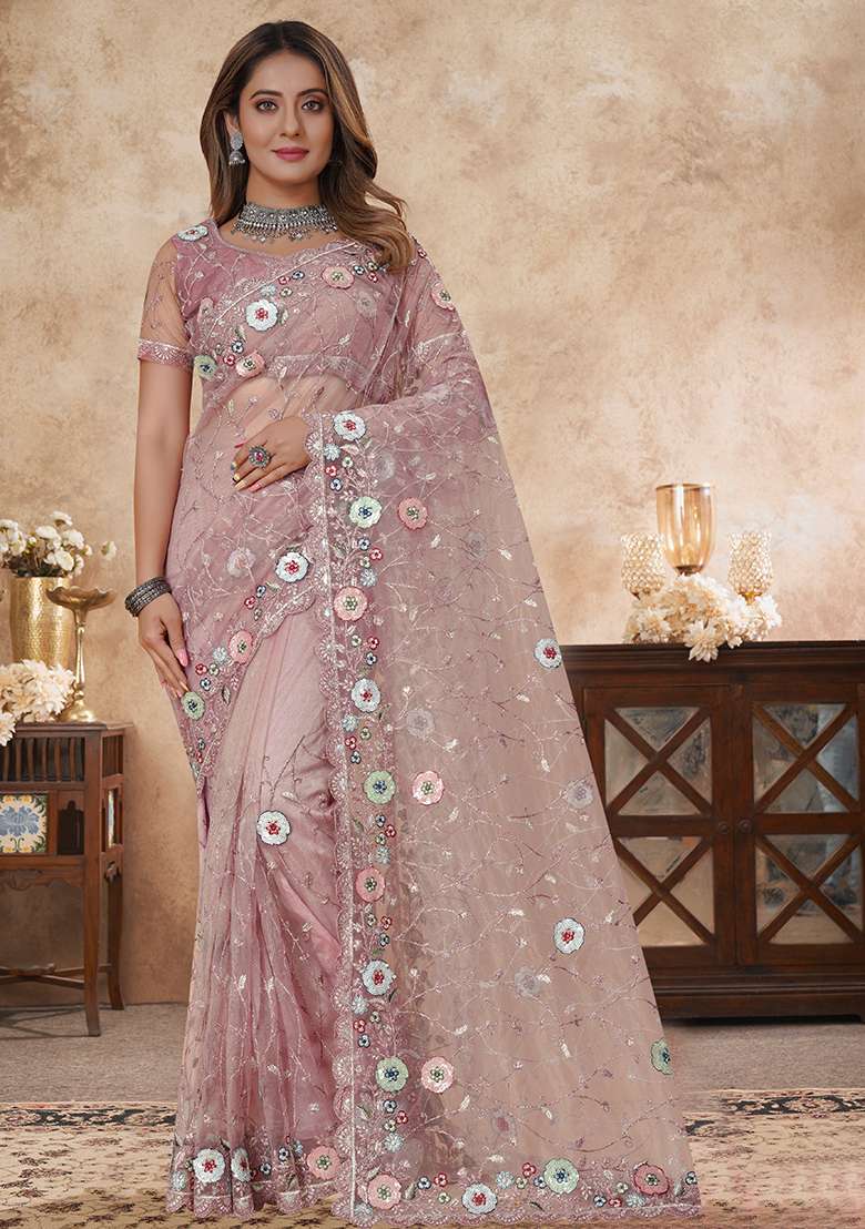 Dusty Pink Soft Net Saree Set with Embroidered for Diwali | Wedding & Festive Wear - Indya