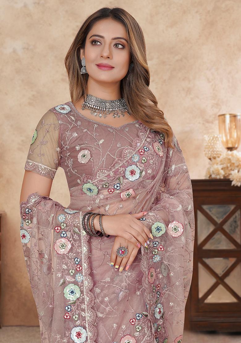 Dusty Pink Embroidered Soft Net Saree Set - Indya