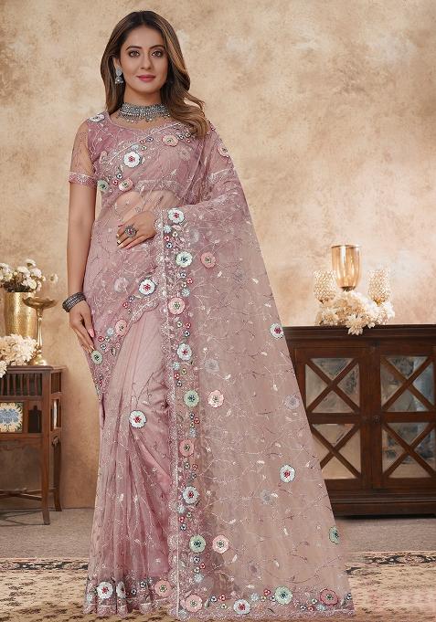 Dusty Pink Embroidered Soft Net Saree Set