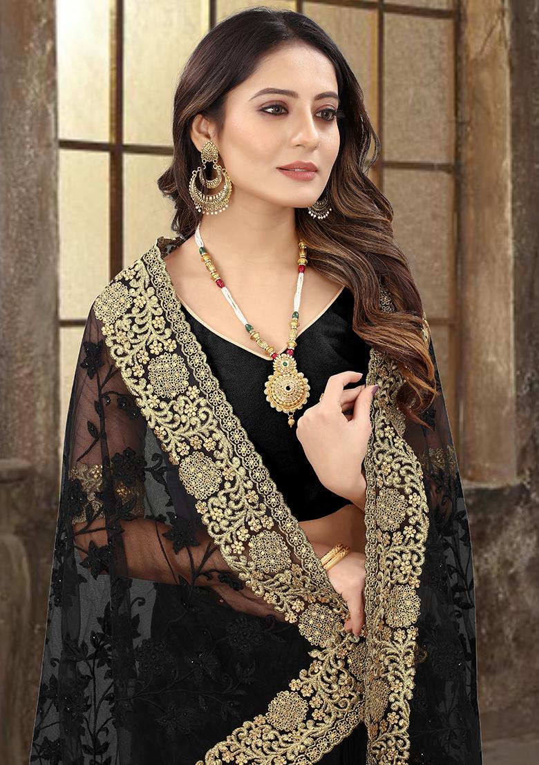 Black Embroidered Soft Net Saree Set