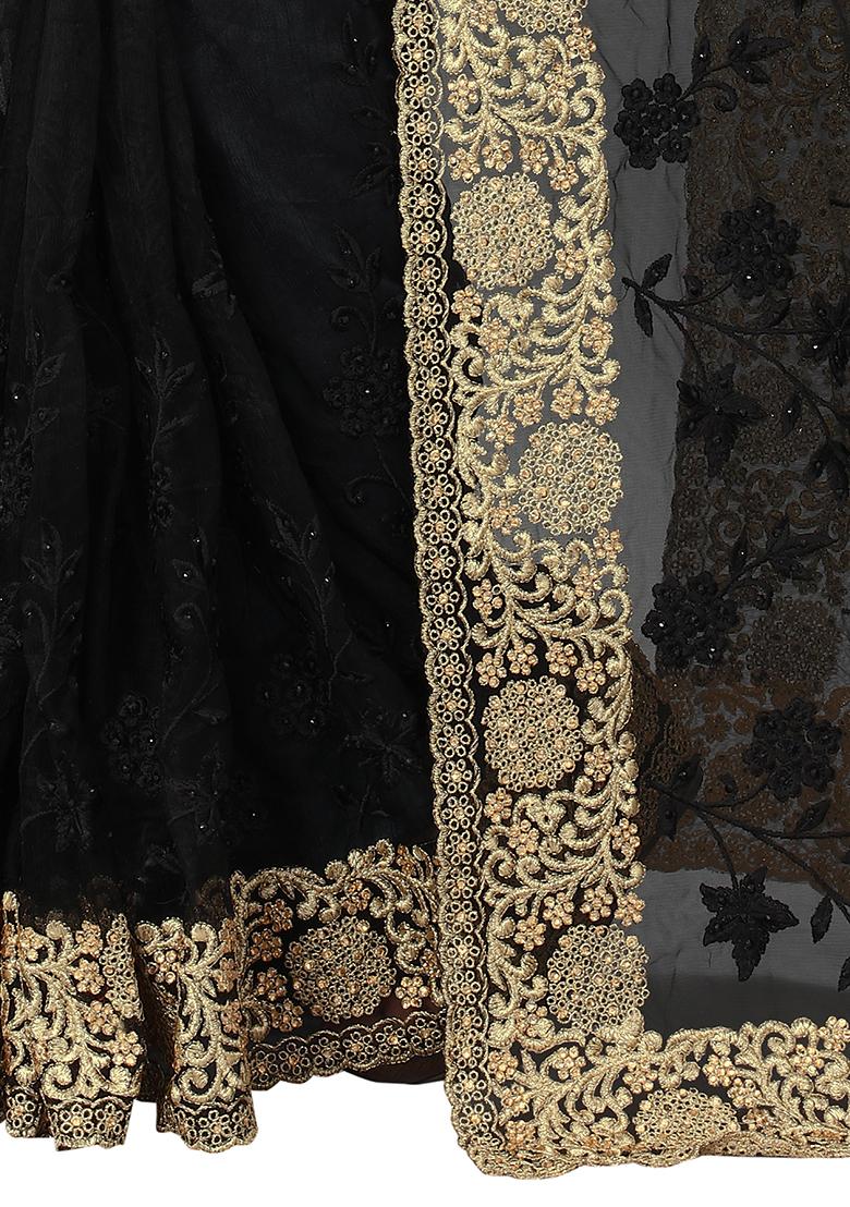 Black Embroidered Soft Net Saree Set