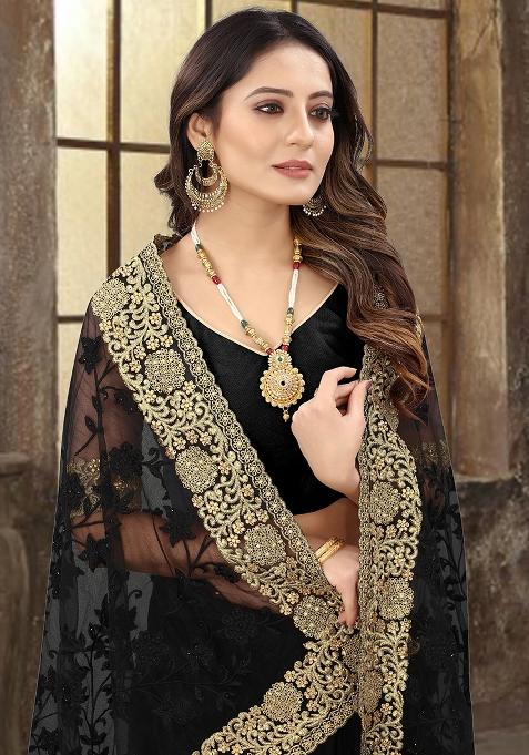 Black Embroidered Soft Net Saree Set