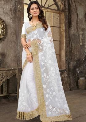 White Embroidered Soft Net Saree Set