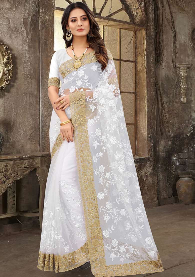 White Soft Net Saree Set with Embroidered for Diwali | Wedding & Festive Wear - Indya