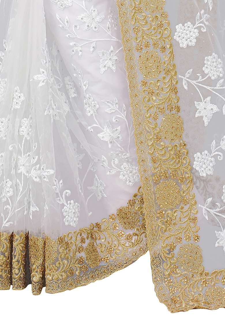 White Soft Net Saree Set with Embroidered for Diwali | Wedding & Festive Wear - Indya