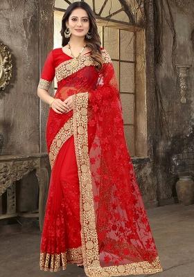 Red Embroidered Soft Net Saree Set