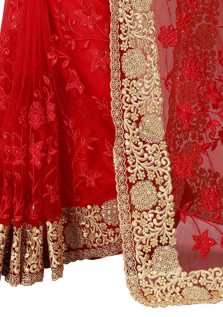 Red Embroidered Soft Net Saree Set for Diwali and Festive Wear - Indya
