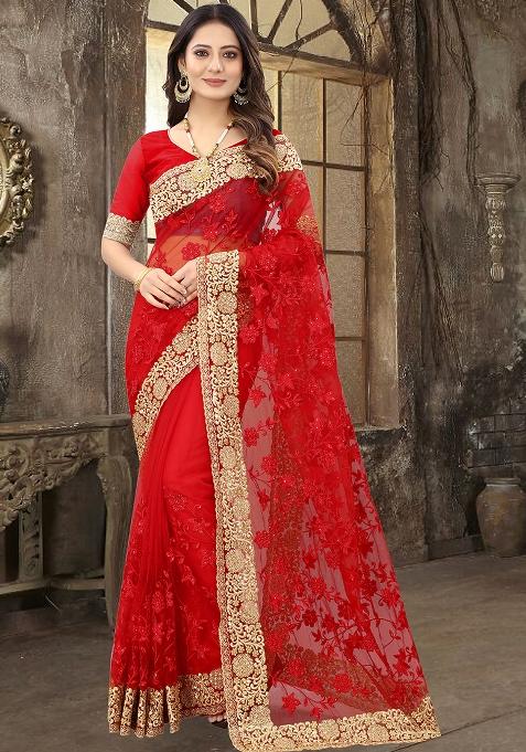 Red Embroidered Soft Net Saree Set