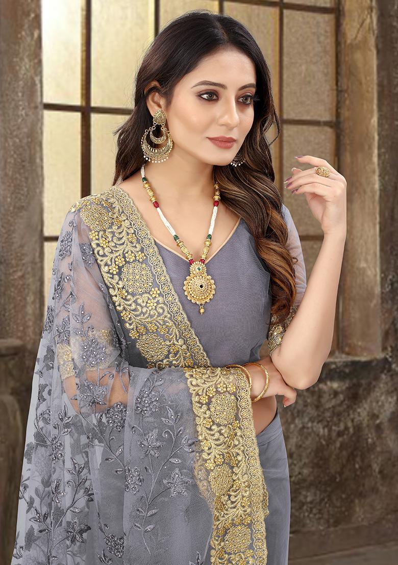 Grey Embroidered Soft Net Saree Set - Indya