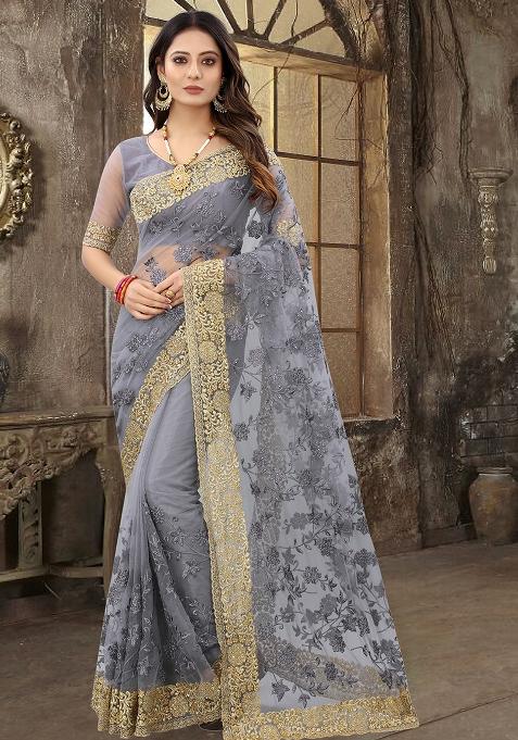 Grey Embroidered Soft Net Saree Set