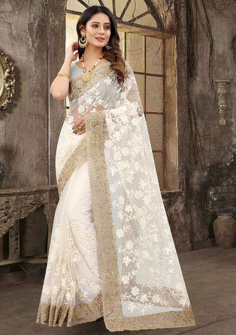 Cream Embroidered Soft Net Saree Set for Diwali and Festive Wear - Indya