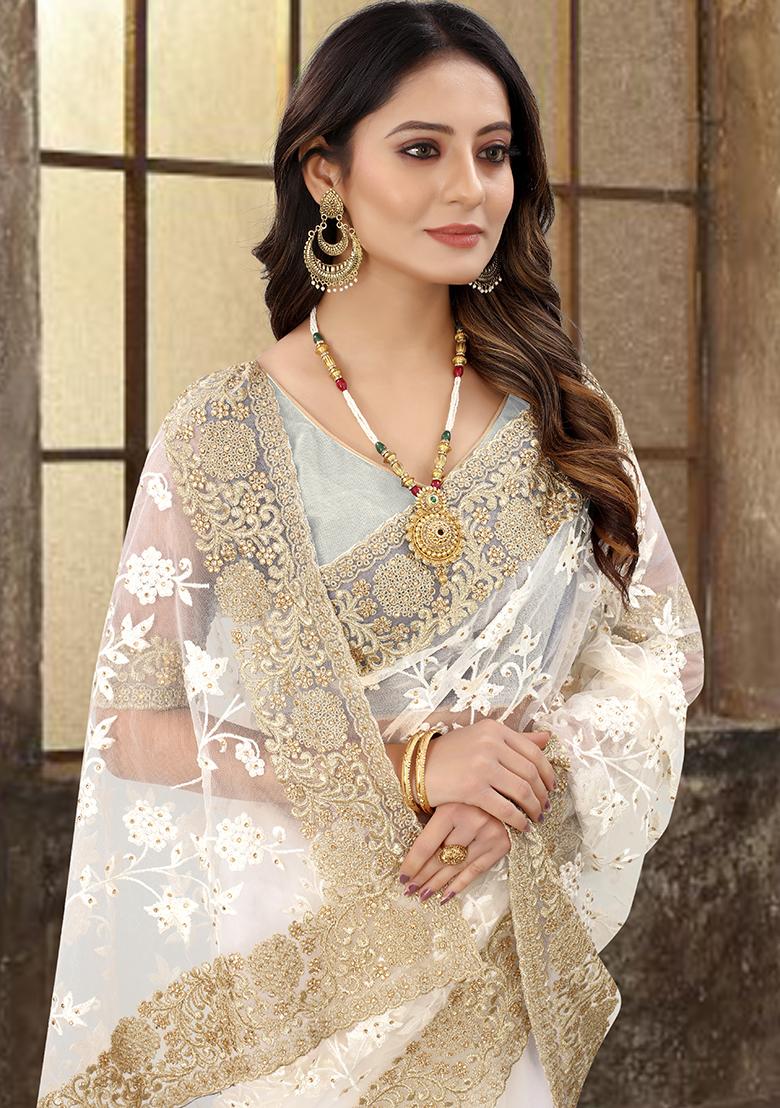 Cream Embroidered Soft Net Saree Set - Indya