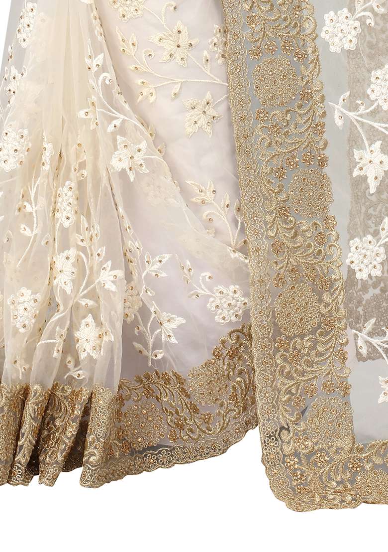 Cream Embroidered Soft Net Saree Set for Diwali and Festive Wear - Indya