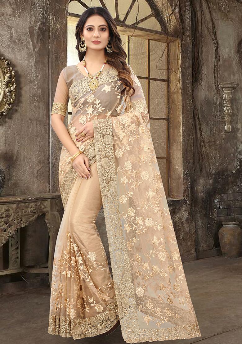 Chiku Embroidered Soft Net Saree Set