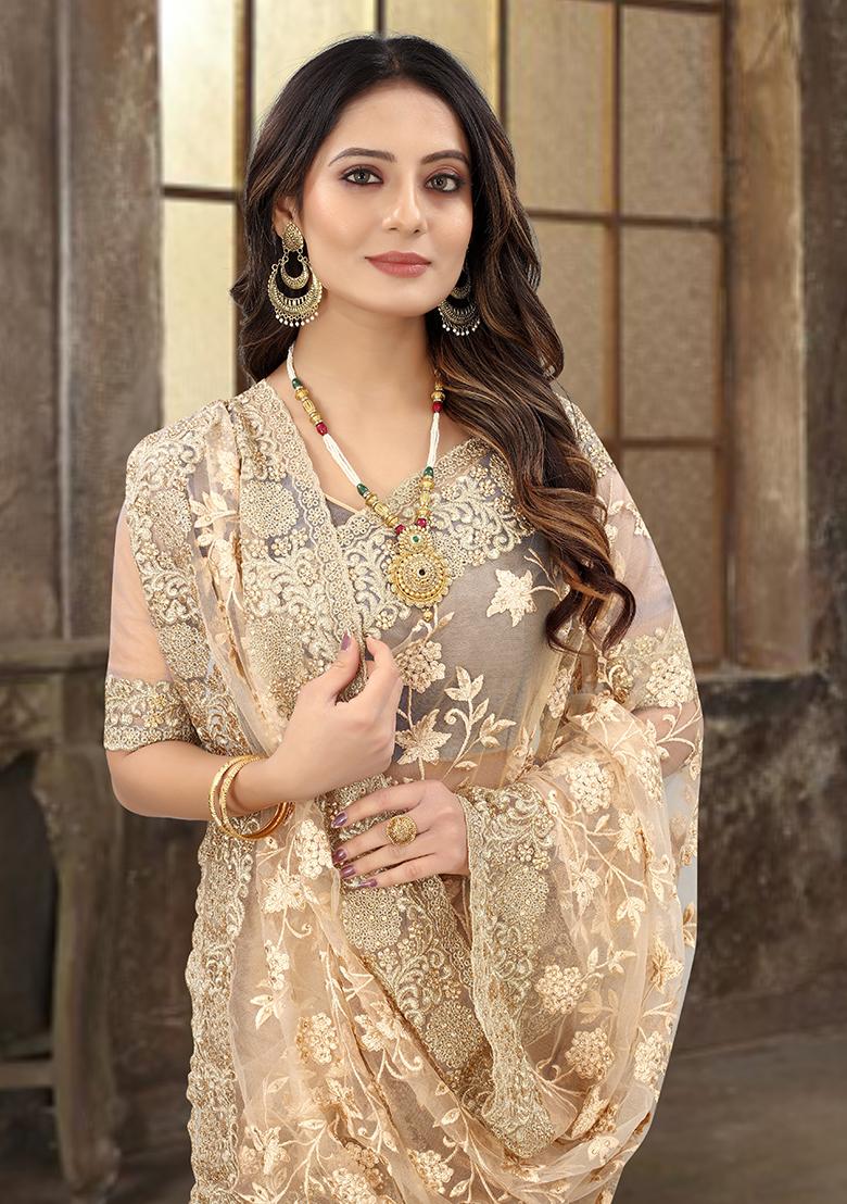 Chiku Embroidered Soft Net Saree Set