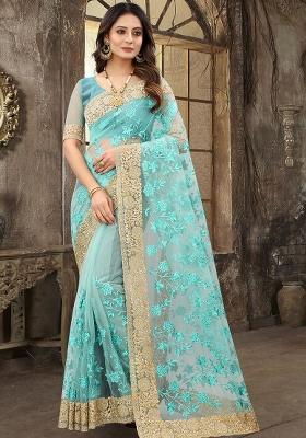 Sky Embroidered Soft Net Saree Set