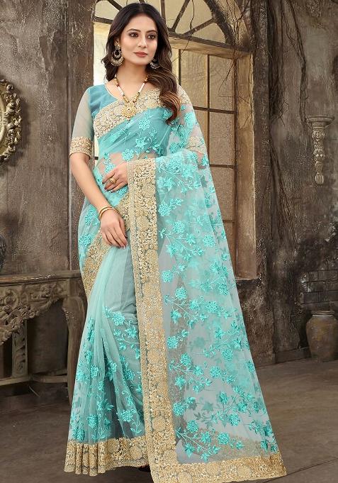 Sky Embroidered Soft Net Saree Set