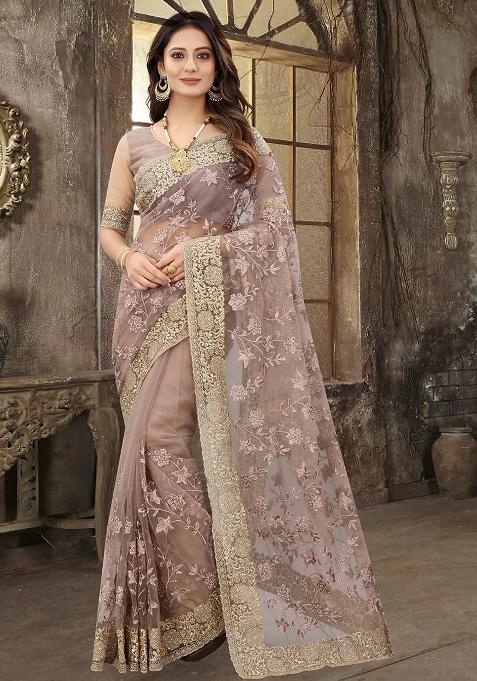 Mouse Embroidered Soft Net Saree Set