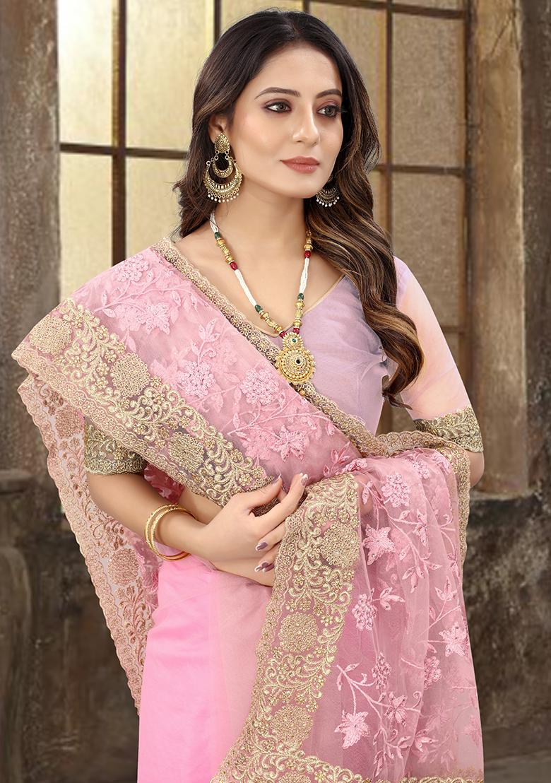 Dusty Pink Embroidered Soft Net Saree Set - Indya