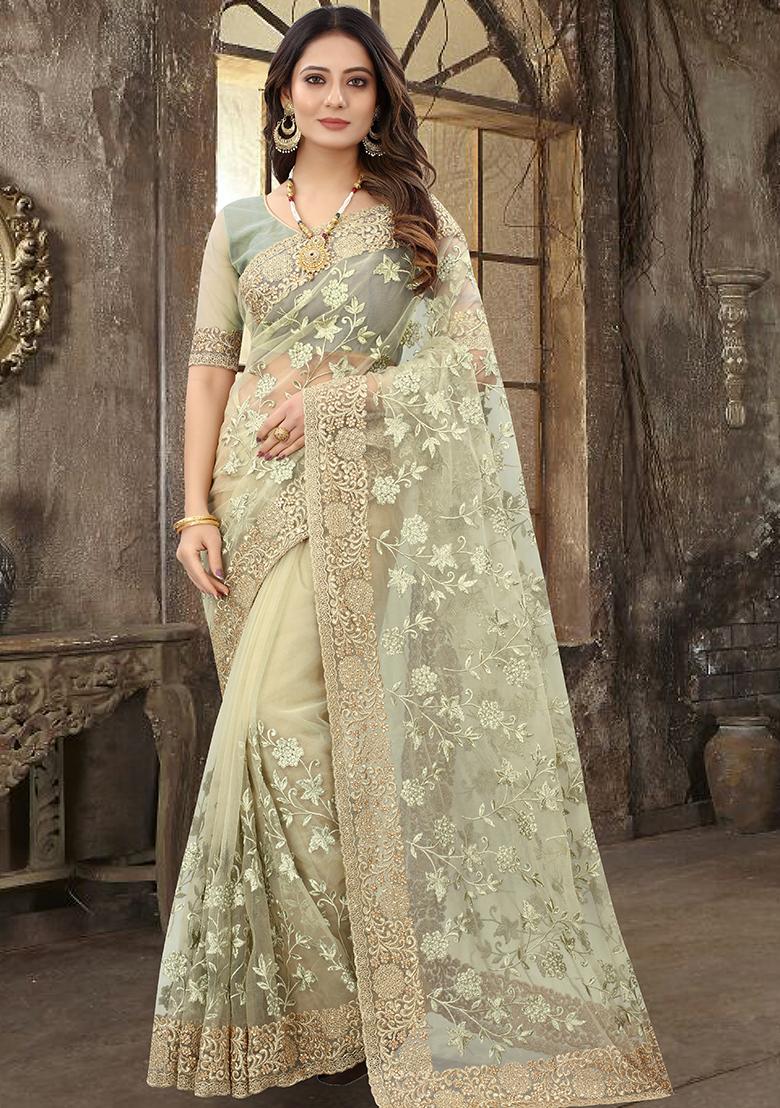 Dusty Pista Embroidered Soft Net Saree Set - Indya