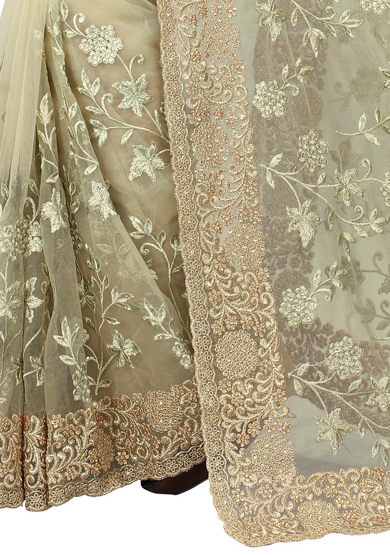 Dusty Pista Embroidered Soft Net Saree Set - Indya