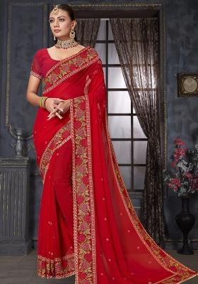 Red Embroidered Georgette Saree Set