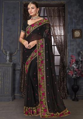Black Embroidered Georgette Saree Set