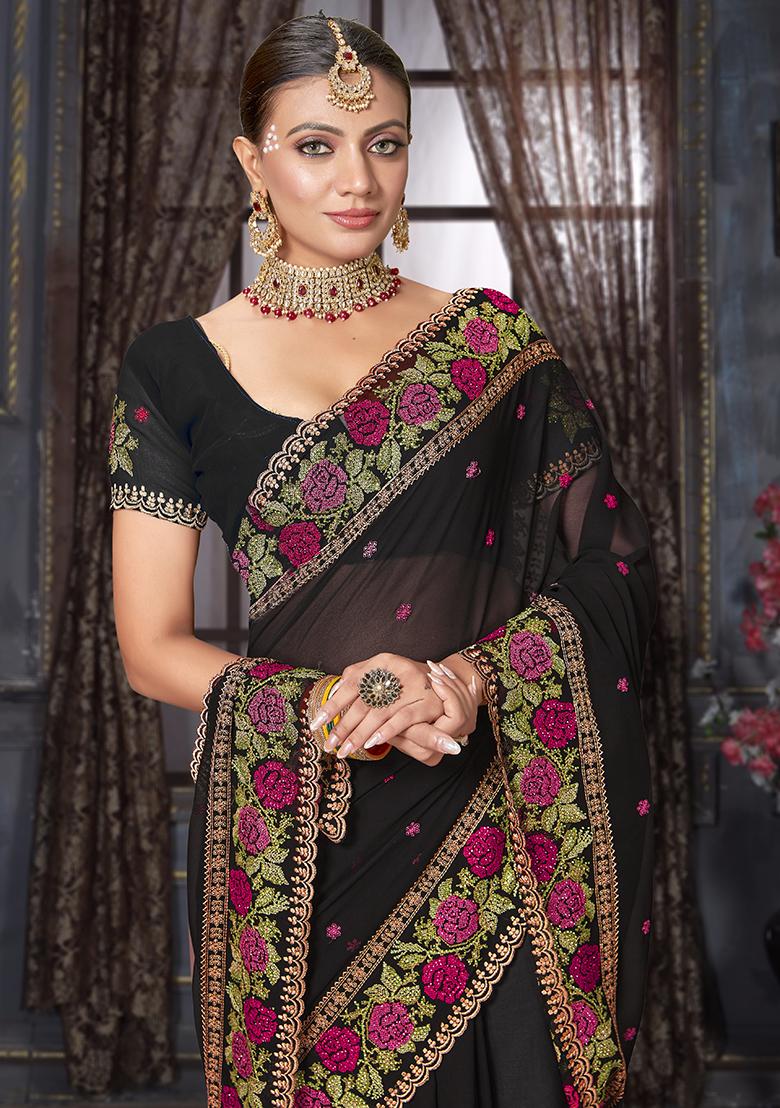 Black Embroidered Georgette Saree Set - Indya