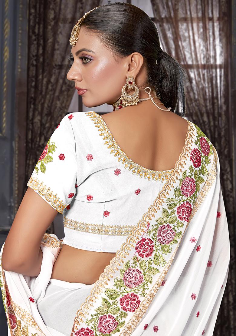 White Embroidered Georgette Saree Set - Indya