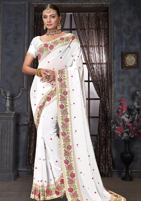 White Embroidered Georgette Saree Set