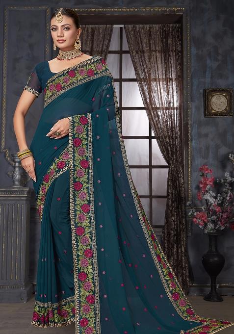 Morpeach Embroidered Georgette Saree Set