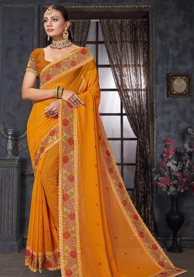 Mustard Embroidered Georgette Saree Set