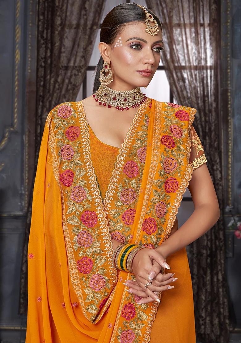 Mustard Embroidered Georgette Saree Set - Indya
