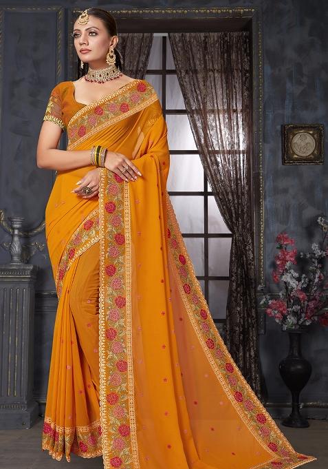 Mustard Embroidered Georgette Saree Set