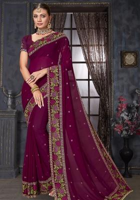 Wine Embroidered Georgette Saree Set