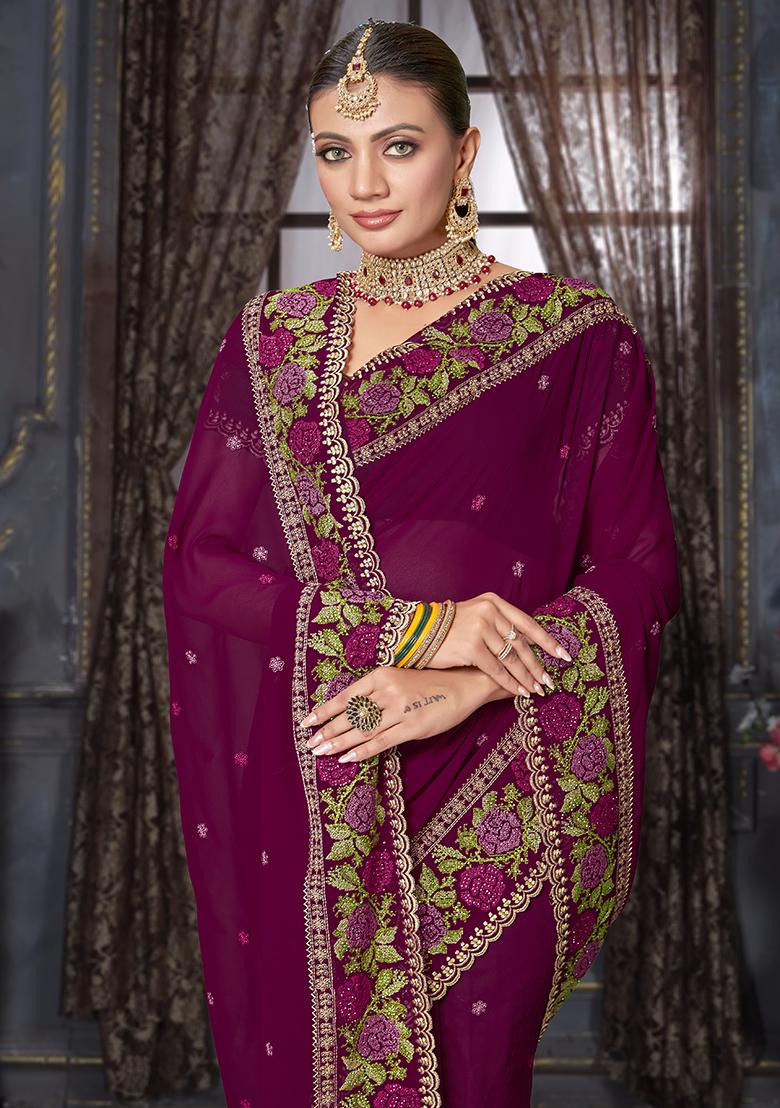 Wine Embroidered Georgette Saree Set - Indya